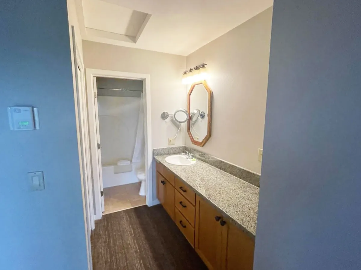 A bright bathroom with a stylish vanity, well-lit mirror, and spacious shower area, providing an inviting and practical space for morning routines and relaxation after a long day.