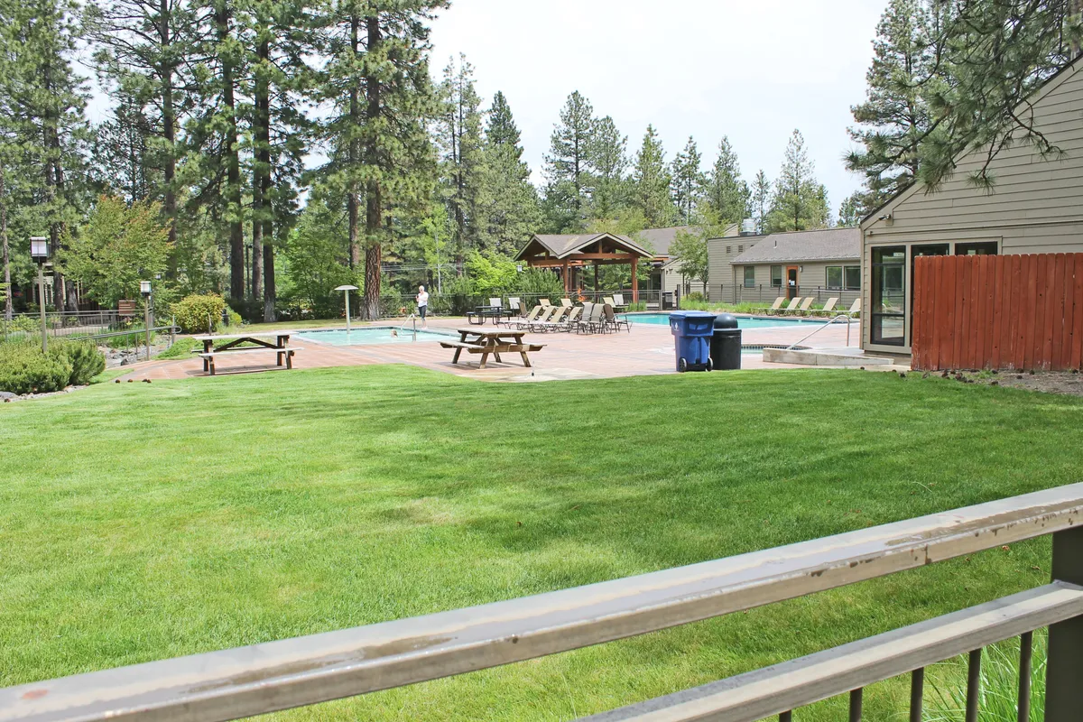 A large swimming pool bordered by comfortable lounge chairs, picnic tables, and a lush green lawn. The tranquil surroundings invite guests to relax, swim, or socialize outdoors, set against a backdrop of mature trees.